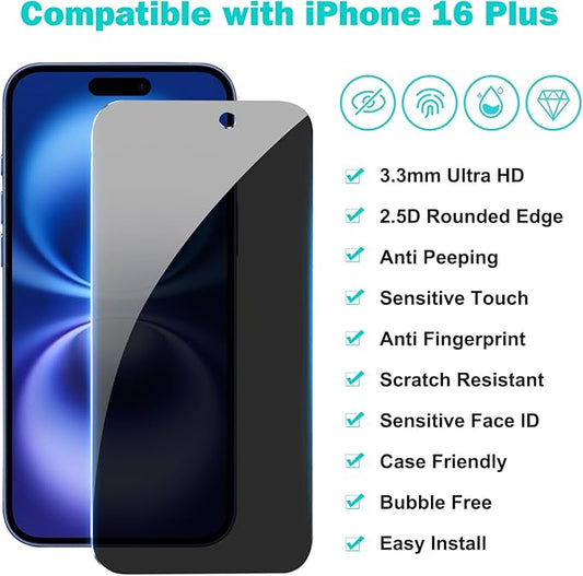 PEHAEL 3+3 Pack for iPhone 16 Plus Privacy Screen Protector with Camera Lens Protector Full Coverage Anti-Spy Tempered Glass Film 9H Hardness Easy Installation Bubble Free [6.7 inch]