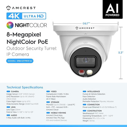 Amcrest 2-Pack UltraHD 4K (8MP) IP PoE AI Camera, 49ft Nightcolor, Security Outdoor Turret Camera, Built-in Mic, Human Detection, Active Deterrent, 129° FOV, 4K@15fps 2PACK-IP8M-2779EW-AI (White)