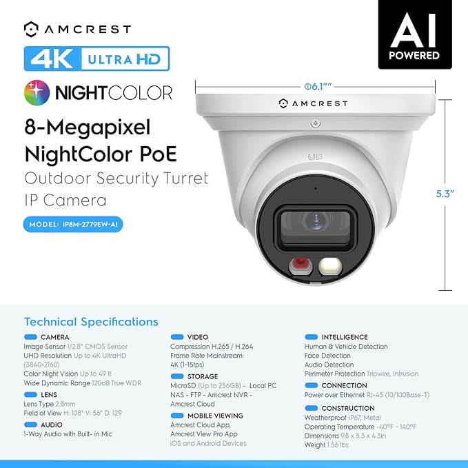 Amcrest Refurbished 4K (8MP) IP PoE AI Camera, 49ft Nightcolor, Security Outdoor Turret Camera, Human Detection, Active Deterrent, 4K@15fps REP-IP8M-2779EW-AI (White) (Renewed)