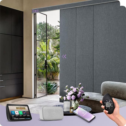 Graywind Motorized Sliding Panels Blackout Compatible with Alexa Google Smart Panel Track Blinds Remote Shades for Patio Sliding Door, Custom Size (Dark Grey)