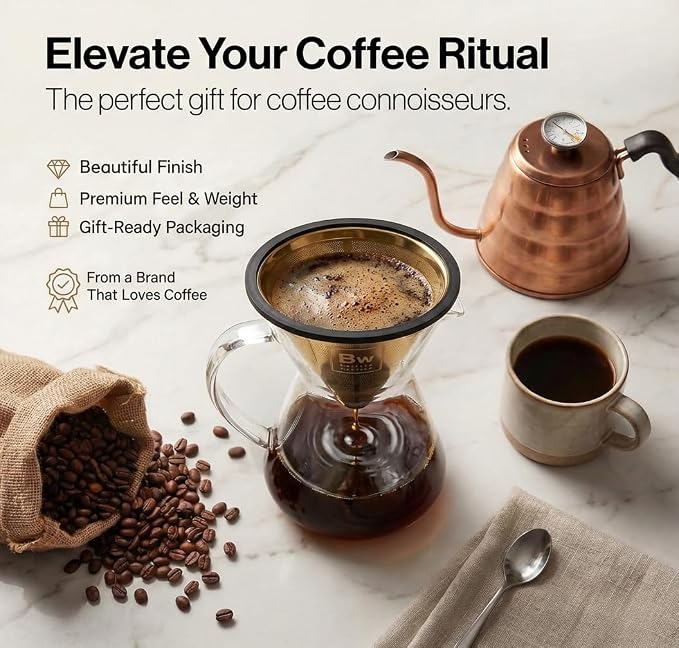 Barista Warrior Reusable Coffee Filter - Stainless Steel Pour Over Dripper, Compatible for Chemex, Hario V60 & Drippers, Easy to Clean Flavorful Brew Fine Mesh Coffee Filter - Gold