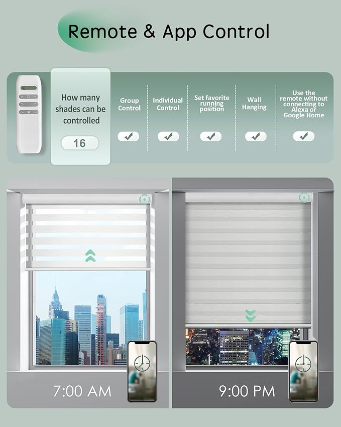 Yoolax Motorized Zebra Blinds, Remote Zebra Shades for Indoor Windows, Motorized Shades with Remote Light Control Horizontal Window Blinds Custom Size(60% Shading Sheer White)