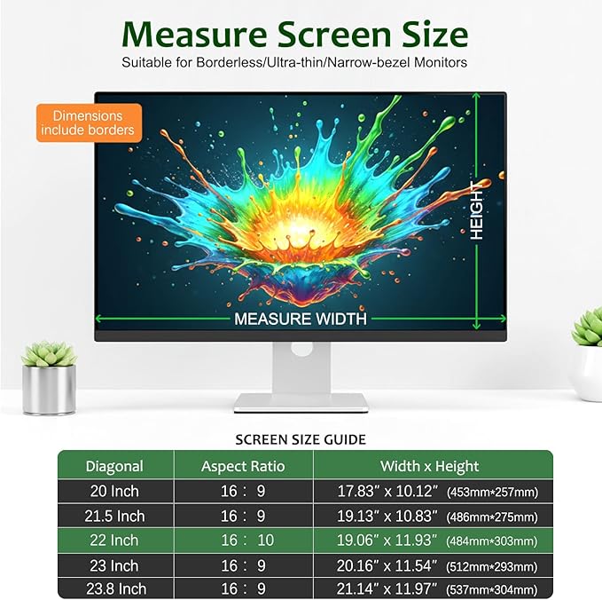 [2-Pack] 22 Inch Reusable Nano Bezel Anti-Glare Computer Privacy Screen for Monitor, 16:10 Aspect Ratio, Residue-Free Removable Anti-Spy Filter, Eye Protection Anti-Blue Light Desktop Security Shield