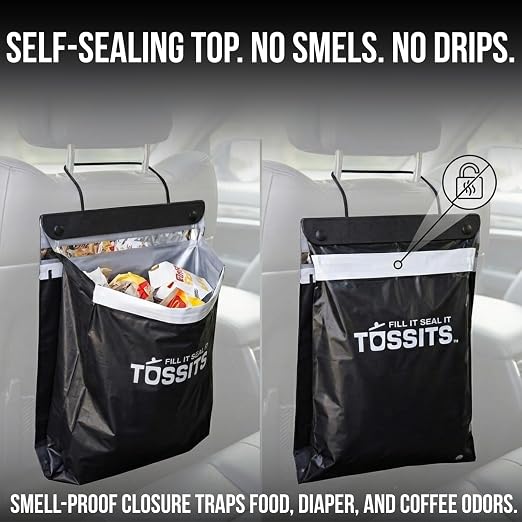 Tossits Recycled Disposable Car Trash Bags – Leakproof, Smell Proof Hanging Garbage Bags for Car, Truck, SUV, RV & Vehicle – Black, 42 Count Disposable Automotive Trash Bags