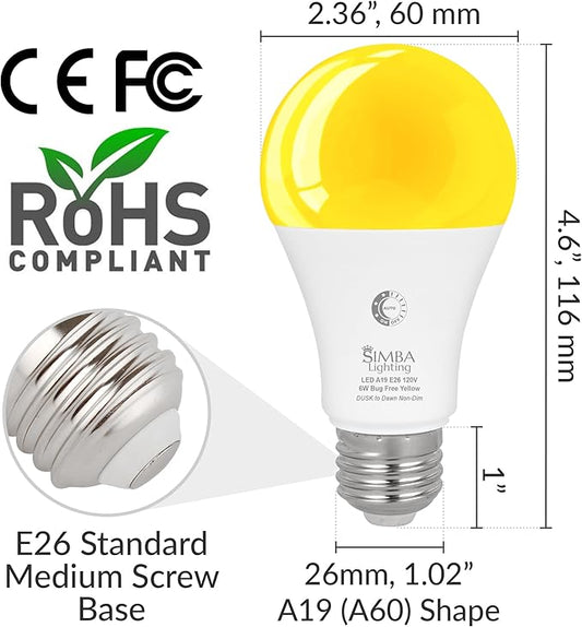 Simba Lighting Bug Non-Attracting Yellow LED Bulb 6W 40W Equivalent (2 Pack), Great for Outdoor Porch Light, Night Light, Dusk-to-Dawn Smart Sensor Auto On/Off, Amber Warm Light, A19 E26 Medium Base
