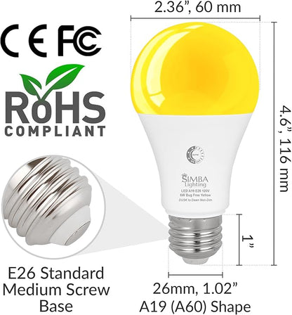 Simba Lighting Bug Non-Attracting Yellow LED Bulb 6W 40W Equivalent (4 Pack), Great for Outdoor Porch Light, Night Light, Dusk-to-Dawn Smart Sensor Auto On/Off, Amber Warm Light, A19 E26 Medium Base