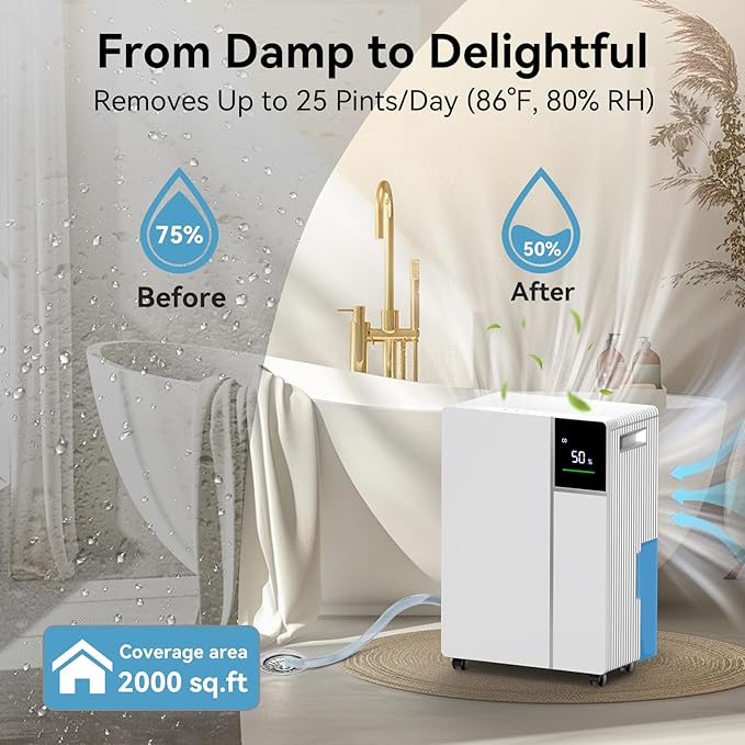 2500 Sq.Ft 25 Pints Dehumidifier for Home and Basements, Dehumidifiers for Bedroom with 32dB Sleep Mode, Auto or Manual Drainage, Intelligent Humidity, 3 Modes, Safe Dehumidifier for Bathroom, Garage