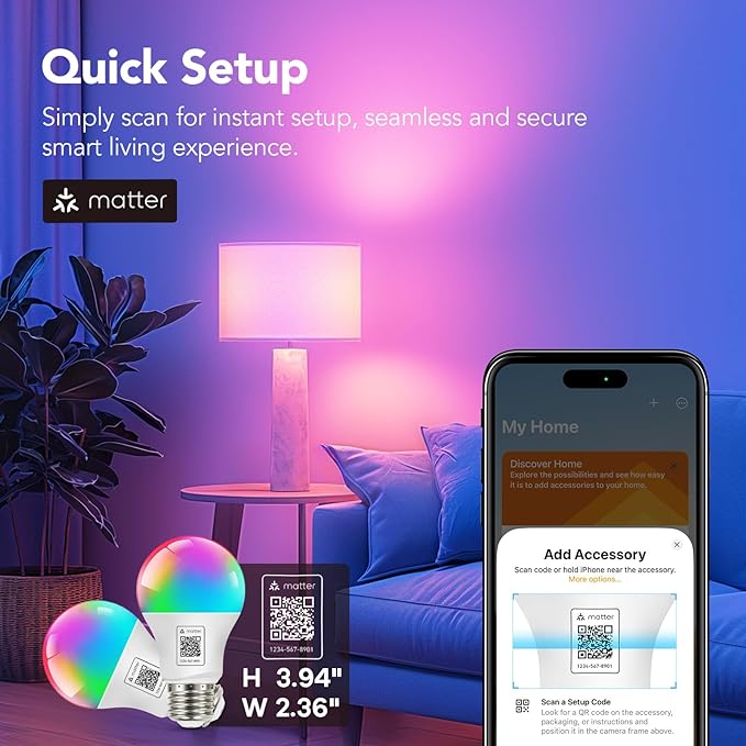 OREiN Matter Smart Light Bulb, A19 & A21 Smart Light Bulbs Work with Apple Home, Alexa, Google Home, SmartThings, Color Changing Light Bulbs 2.4Ghz WiFi, 800 & 1600Lumens Equivalent 60W 4Pack