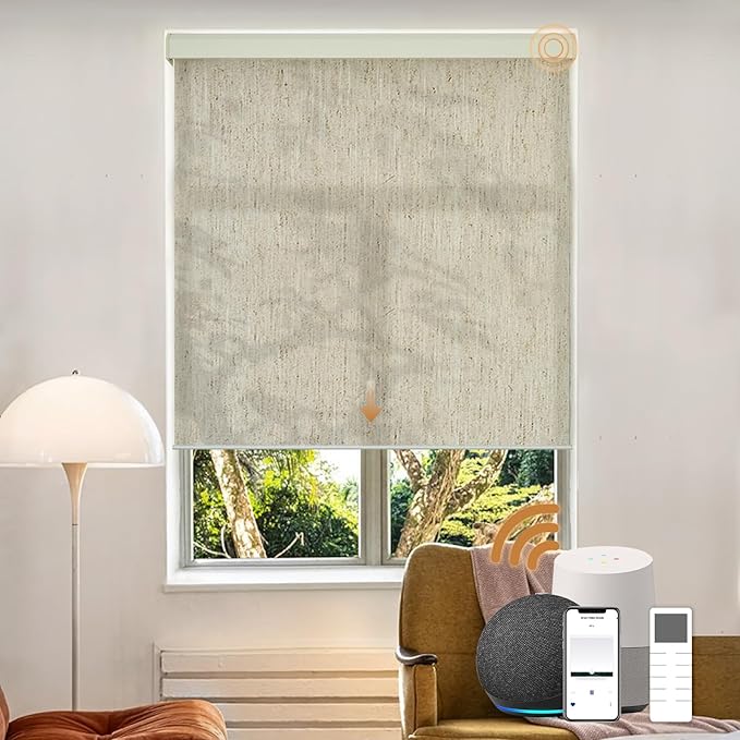 Motorized Light Filtering Roller Shades with Remote Control, Electric Smart Shades Compatible with Alexa and Google, Rechargeable, Customizable Size (Flax Beige)