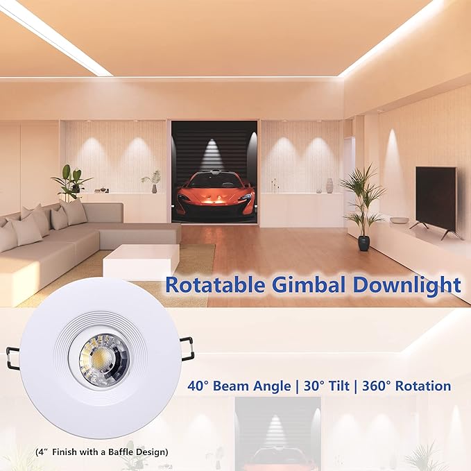 POPANU Premium Canless Recessed Gimbal Downlight Rotatable-Spotlight 5 CCT 4 Inch Eyeball Ceilling Potlight, Dimmable Lights Fixture with Junction Box, 8W, White Round Trim, with Baffle, 6P