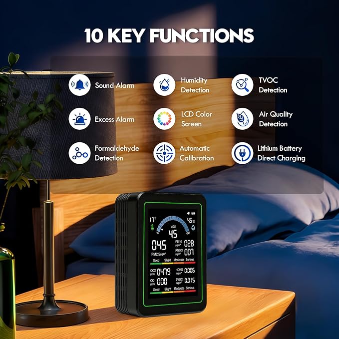 10 in 1 Indoor Air Quality Monitor, Portable Smartair Air Quality Tester, Portable air Quality Monitor Indoor,with AQI,Fit for Home Cars Office School and Nursery(Black)
