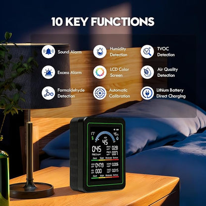 10 in 1 Indoor Air Quality Monitor, Portable Smartair Air Quality Tester, Portable air Quality Monitor Indoor,with AQI,Fit for Home Cars Office School and Nursery(Black)