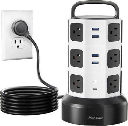 【10ft】 Power Strip Tower JACKYLED Surge Protector Electric Charging Station with 13A 12 Outlets 6 USB Ports Heavy Duty Extension Cord for Home Office Computer Nightstand Laptop Phone White Black