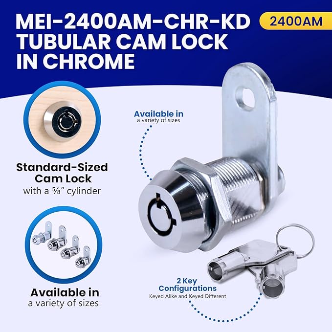 FJM Security MEI-2400AM-KD Tubular Cam Lock for Smart Home, Cabinet Locks Baby Proofing Solution, Door Lock & Drawer Lock for Home Improvement, with 7/8" Cylinder, Keyed Different, Chrome