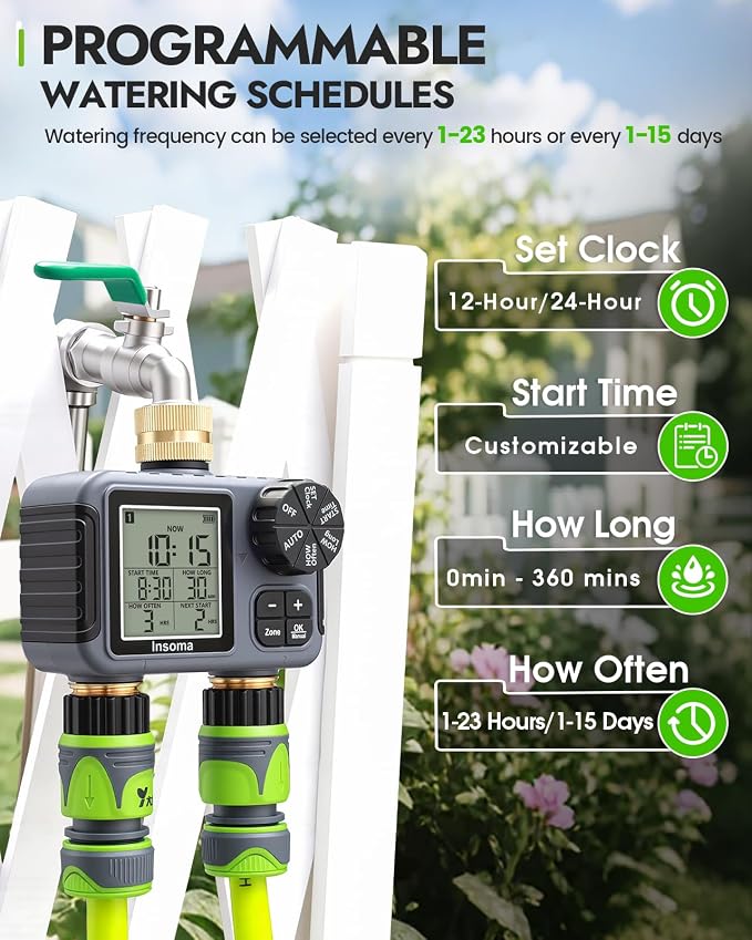 Insoma 2-Zone Sprinkler Timer with Brass Inlet & Outlet, Water Timer for Garden Hose with Auto/Manual/Rain Delay Mode, Big LCD Display, Easy Setup Hose Timers for Lawn, Garden, Vacation Watering