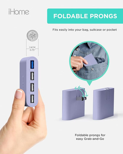 iHome Slim 4-Port USB Wall Charger, Flat Multiport Travel Plug Adapter | Foldable Prongs, 2.4A Rapid Charge Port, Charges iPhone, Android, iPad, AirPods, Travel-Friendly, Charging Block for Home Use