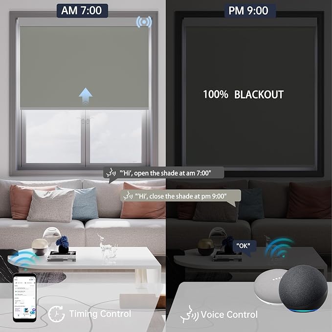 Motorized Blinds with Remote, Blackout Smart Blinds for Windows Automatic Shades Compatible with Alexa, Motorized Shades Customized for Bedroom Home Office (Blackout-Smoky Sea Garss)