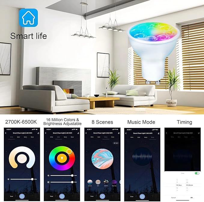 Smart Gu10 LED Bulbs Dimmable Color Changing,RGB Gu10 Bulb, WiFi & Bluetooth LED Bulb Work With Alexa Google, Adjustable 16 Million Color And Music Sync,For Living Roomn Bedroom Office Hotel Etc.4Pack