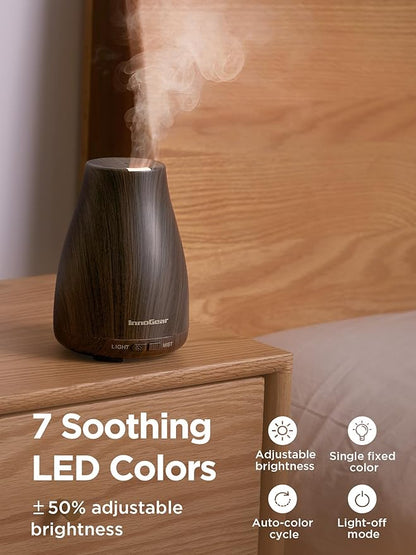 InnoGear Essential Oil Diffuser, Ultrasonic Diffusers for Home Aromatherapy Humidifier for Mother's Gift Bedroom Room 7 Colors LED 2 Mist Mode Auto Off, Brown