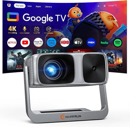 HAPPRUN 2000 ANSI Google TV Built-in Outdoor Video Projector with WiFi 6 and Bluetooth 5.2, Smart Projector, 4K Decoding, Auto Focus, Dolby Sound, Built-in Speakers, Home Theater Projector with Apps