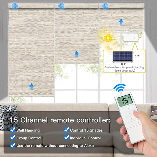 Tokblind Motorized Blackout Roller Shade Fabric Covered Valance and Bottom Rod, Remote Control Electric Window Blind Work with Alexa Google via Hub, Custom Size (Texture Light Coffee - Wrapped Fabric)