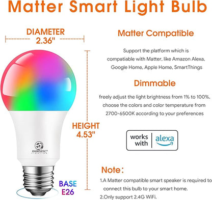 Energetic Light Bulbs Work with Alexa/Apple Home/Google Home/SmartThings, Matter Smart A19 LED Light Bulb, E26 RGB Smart Bulbs, 60W Equivalent, 800LM, 2.4 Ghz WiFi Only, Smart Speaker Required, 4 Pack