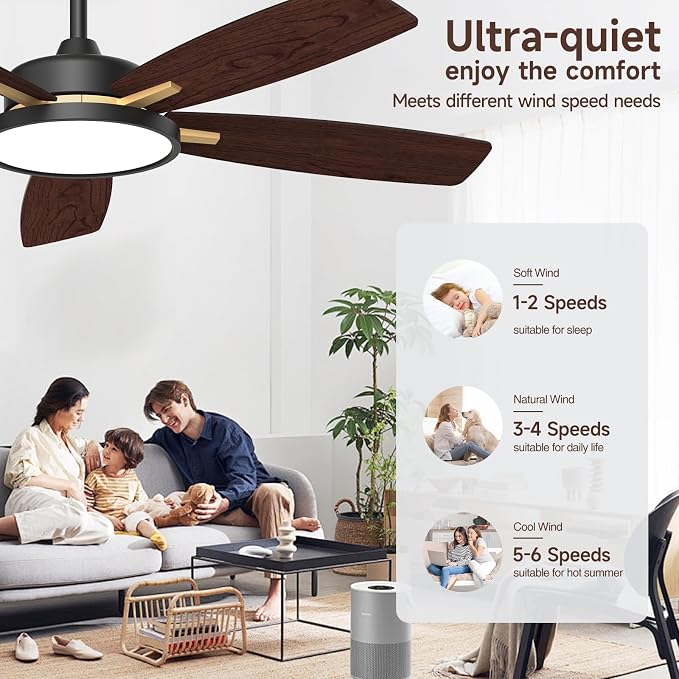 Roomratv 52 Inch Smart Ceiling Fan Compatible with App/Alexa/Google home | Black Gold,Beep-Off Function,Ultra Quiet,Bright and Dimmable Led Light,Energy saving,Reversible,Remote Control