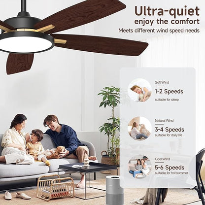 Roomratv 52 Inch Smart Ceiling Fan Compatible with App/Alexa/Google home | Black Gold,Beep-Off Function,Ultra Quiet,Bright and Dimmable Led Light,Energy saving,Reversible,Remote Control