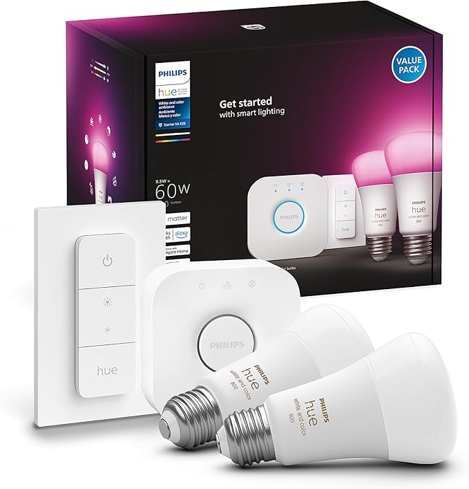 Philips Hue Smart Light Starter Kit - Includes (1) Bridge, (1) Dimmer Switch & Smart 60W A19 LED Bulb - White and Color Ambiance Color-Changing Light - 3 Pack