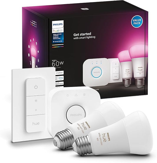 Philips Hue Smart Light Starter Kit - Includes (1) Bridge, (1) Dimmer Switch & Smart 60W A19 LED Bulb - White and Color Ambiance Color-Changing Light - 3 Pack