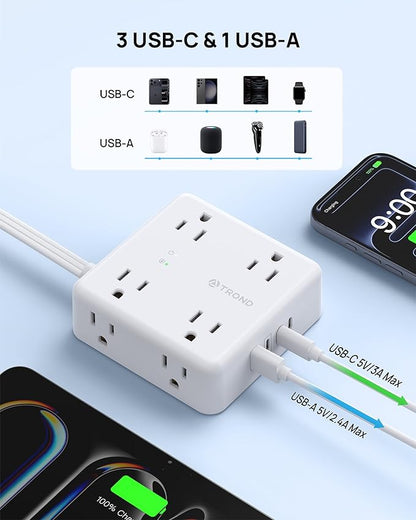 TROND Power Strip Surge Protector, 360° Rotating Flat Plug, 8 Widely Spaced Outlets, 3C1U, Flat Plug Extension Cord 10ft, 1440J Surge Protector, Home Office, White