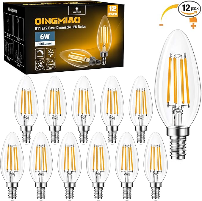 Qingmiao B11 E12 LED Candelabra Bulbs Dimmable 6W(60 Watt Equivalent), Chandelier Light Bulbs 600lm, 3000K Soft White, Ceiling Fan Bulbs for Candle Light, Home Decor, Wall Lamps, Table Lamps, 12 Pack