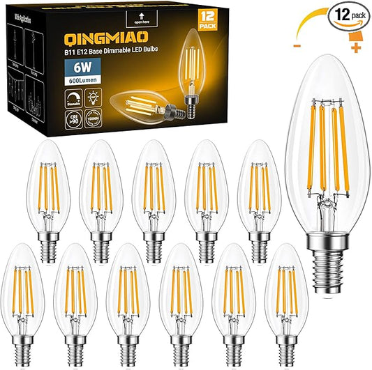 Qingmiao B11 E12 LED Candelabra Bulbs Dimmable 6W(60 Watt Equivalent), Chandelier Light Bulbs 600lm, 3000K Soft White, Ceiling Fan Bulbs for Candle Light, Home Decor, Wall Lamps, Table Lamps, 12 Pack