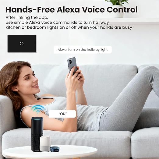 Smart Switch 118X72X34MM Neutral/No Neutral Wire Required, 2.4GHz Wi-Fi,Compatible with Alexa and Google Home 220V, Black 1 Gang 1 Pack