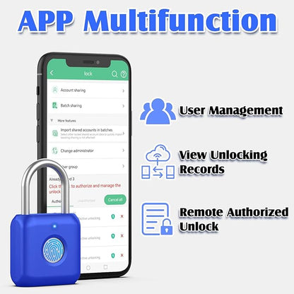 Pothunder Fingerprint Padlock, Smart Padlock, Locker Lock, Fingerprint Lock with APP Unlock, USB Rechargeable, Suitable for Gym Locker, Locker(Sapphire Blue)