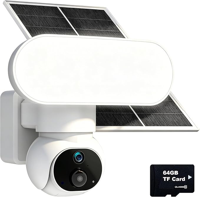 Solar Floodlight Camera with 1500LM Bright Lights-2K Wireless Outdoor Security PT Cam, Motion Activated Color Night Vision Illuminates Entire Yard & Driveway, No Monthly Fee, 64GB SD Card Included