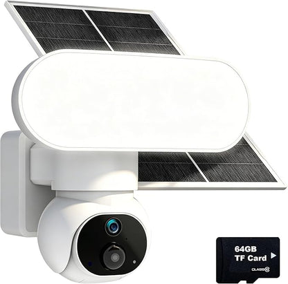 Solar Floodlight Camera with 1500LM Bright Lights-2K Wireless Outdoor Security PT Cam, Motion Activated Color Night Vision Illuminates Entire Yard & Driveway, No Monthly Fee, 64GB SD Card Included