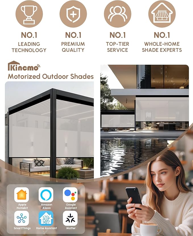 Kincmo Motorized Outdoor Shades for Patio Porch, Custom Outdoor Motorized Blinds with Remote, Waterproof & Windproof Patio Shades Work with Apple Homekit,Alexa,Google (3% Openness White)