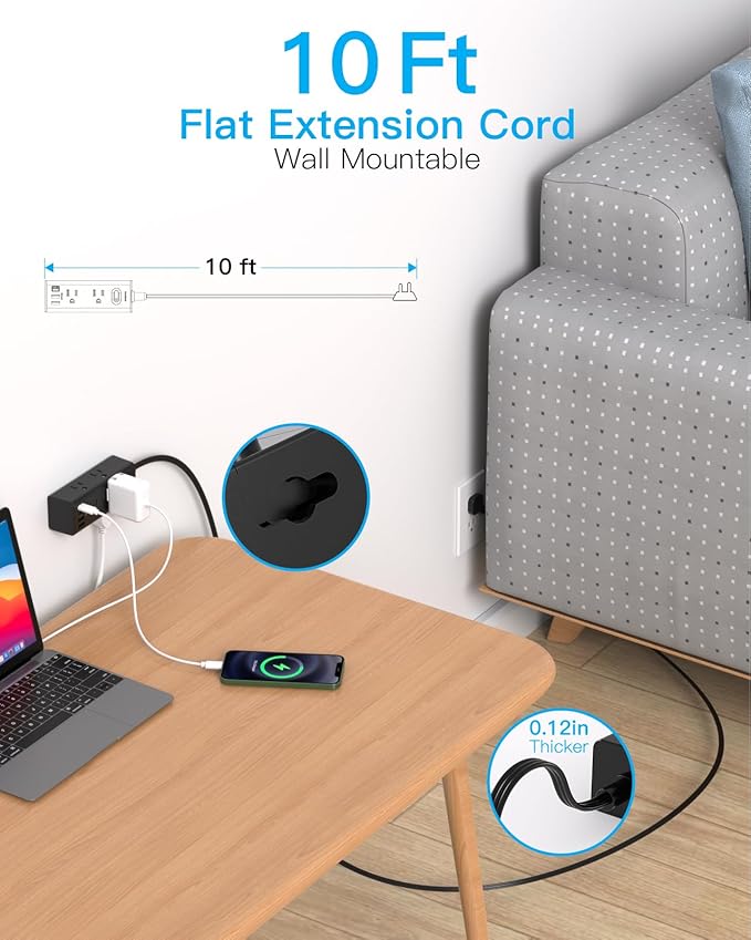 One Beat 10Ft Extension Cord with Multiple Outlets,Flat Plug Power Strip