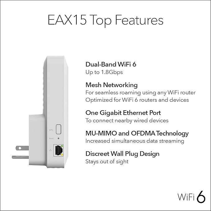 NETGEAR WiFi 6 Mesh Range Extender (EAX15) - Add up to 1,500 sq. ft., 20 Devices with AX1800 Dual-Band Wireless Signal Repeater (up to 1.8 Gbps Speed), WPA3 Security, One Network Name