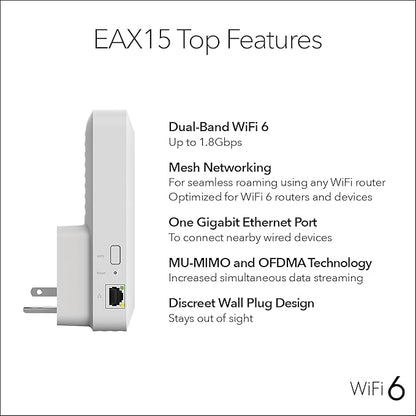 NETGEAR WiFi 6 Mesh Range Extender (EAX15) - Add up to 1,500 sq. ft., 20 Devices with AX1800 Dual-Band Wireless Signal Repeater (up to 1.8 Gbps Speed), WPA3 Security, One Network Name