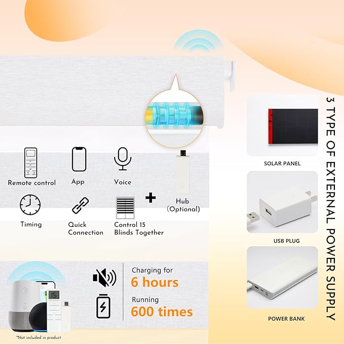 Persilux No Drill Motorized Zebra Blinds with Remote, Automatic 65% Blackout Smart Zebra Shades, Dual Layer Privacy, Linen Fabric, White, RS2255-1