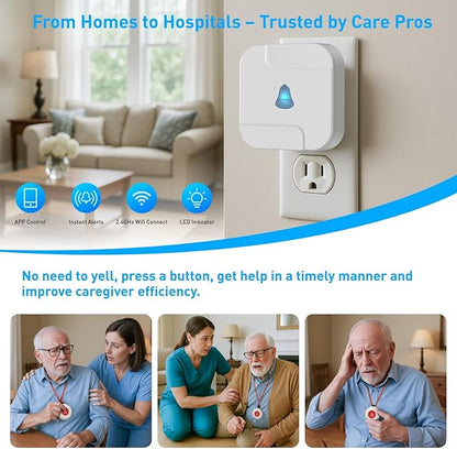 WiFi Caregiver Pager System with Emergency Button for Elderly - 1 SOS Alert Watch + 2 Wireless Call Buttons + 1 Receiver for Seniors Patient Disabled Kids (2.4GHz WiFi, No Monthly Fee)