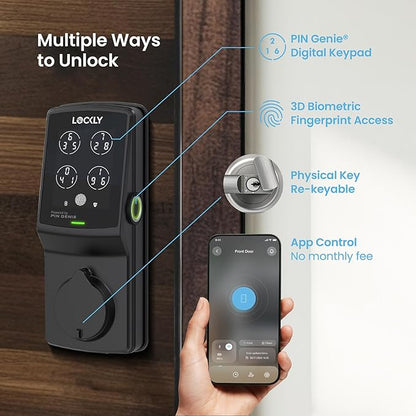 Lockly Secure Pro Smart Deadbolt Lock — Fingerprint Keyless Entry, PIN Genie® Patented Keypad, up to 99 Fingerprints, up to 33 Access Codes, Wi-Fi Hub Included, ANSI Grade 1, Alexa & Google Compatible