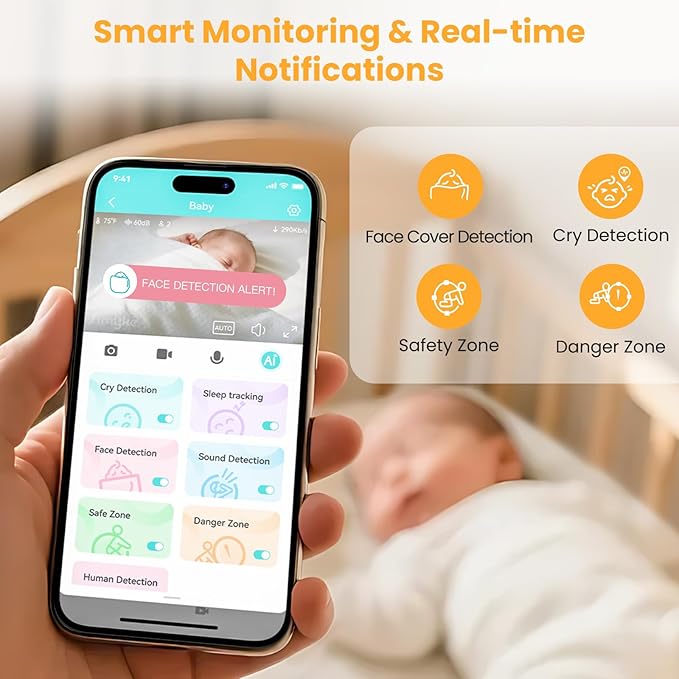 Simyke Smart Baby Monitor with SD Card,WiFi 1080P AI Cam with Phone App,2.8'' IPS Display,AI Face Tracking&Sound Detection,Auto Night Vision,2-Way Talk,Multi-User,Triple Security,1500ft Long Range