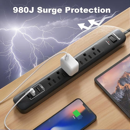 2 Pack Power Strip Surge Protector - 10 Ft Extension Cord with 6 Outlets with 3USB Ports（1 USB C） Port，1875W/15A, Flat Plug, Wall Mount Desk Charging Station for Home Office