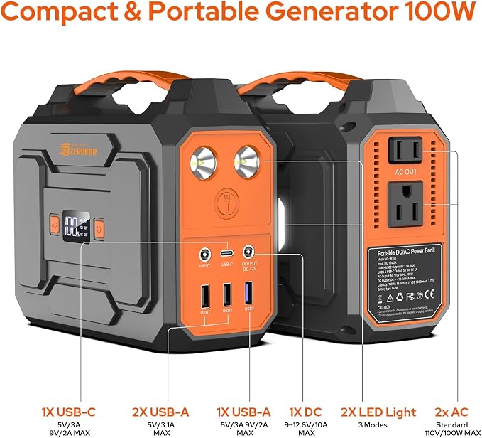 ZeroKor Portable Power Station 100W Outdoor Power Pack with 110V AC Outlet