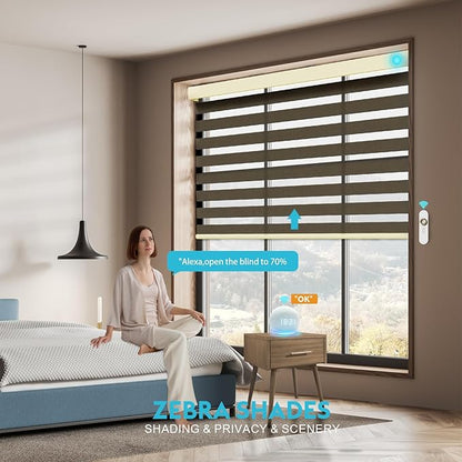 Motorized Zebra Blinds with Remote, Work with HomeKit Alexa, Smart Light Filtering Horizontal Automatic Electric Window Shades for Home Office Customsize(50% Blackout Drumbeat Brown)