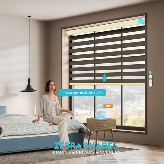 Motorized Zebra Blinds with Remote, Work with HomeKit Alexa, Smart Light Filtering Horizontal Automatic Electric Window Shades for Home Office Customsize(50% Blackout Drumbeat Brown)
