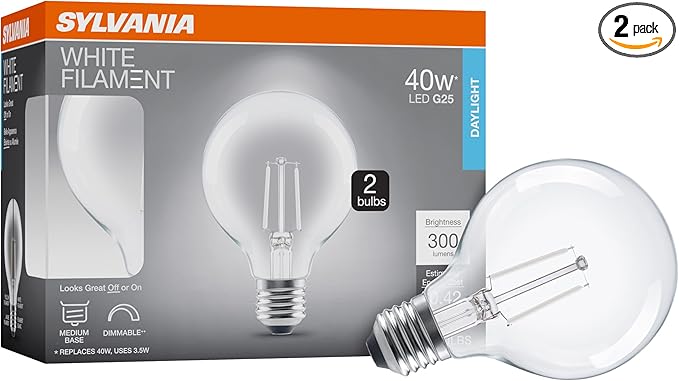 Sylvania G25 Clear Globe LED White Filament Bulb, 3.5W, Dimmable, 300 LMS, Medium Base, 5000K, Daylight - 2 Pack (42253)